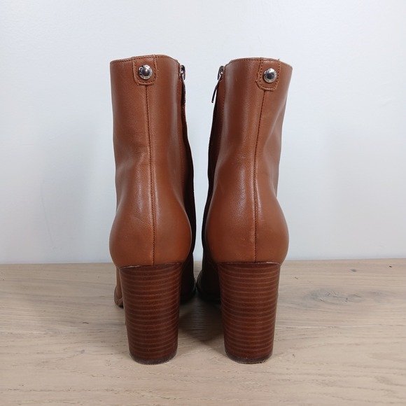 Nine West Boots Women 9.5 Tan Leather Block Heel Ankle Minimal Classic Basic - Picture 5 of 12